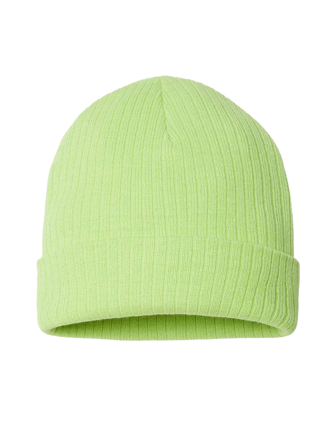 Lime green Atlantis Headwear Sustainable Rib Cuffed Beanie with ribbed knit texture. Eco-friendly and ideal for custom embroidery.