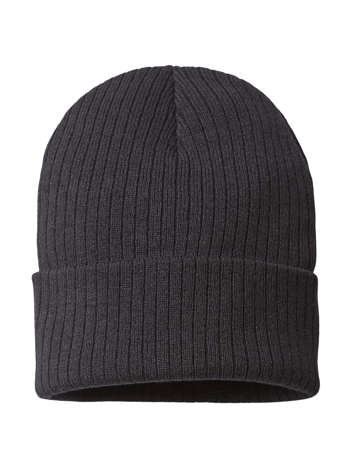 Black Atlantis Headwear Sustainable Rib Cuffed Beanie with ribbed knit design. Made from eco-friendly materials, ideal for customization.