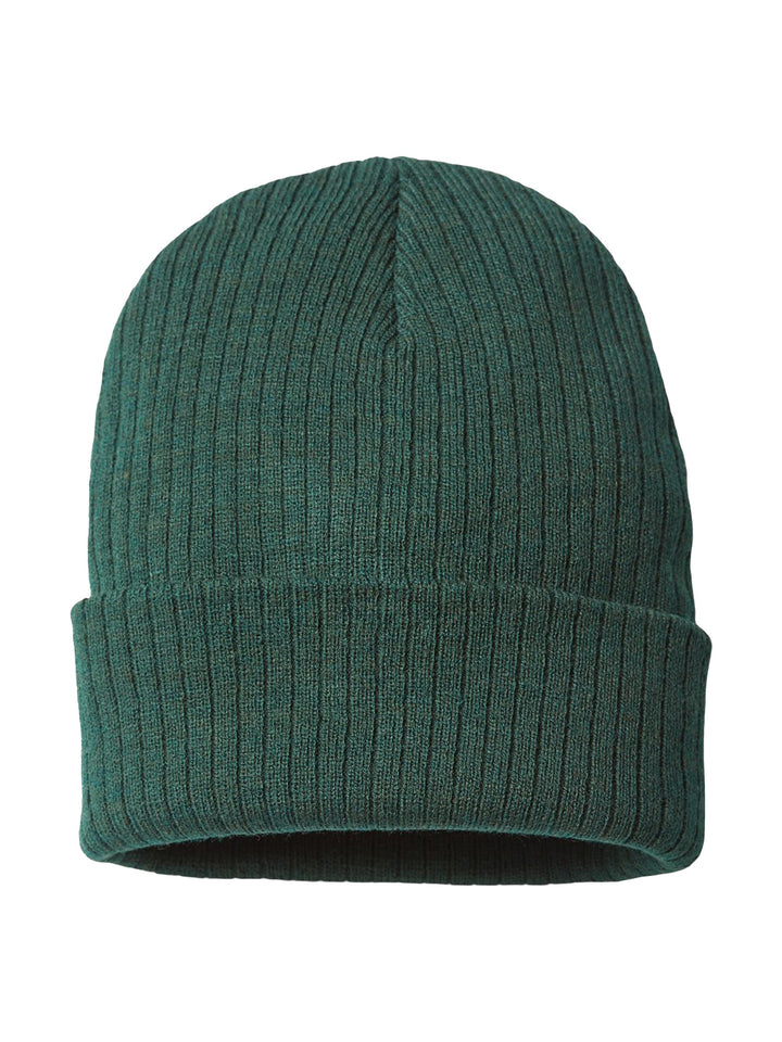 Dark green Atlantis Headwear Sustainable Rib Cuffed Beanie featuring a ribbed knit design. Made from sustainable materials, great for customization.