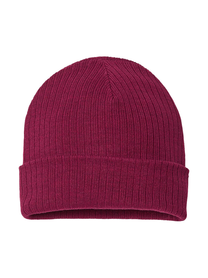 Burgundy Atlantis Headwear Sustainable Rib Cuffed Beanie with a ribbed knit texture. Eco-friendly and ideal for custom embroidery.