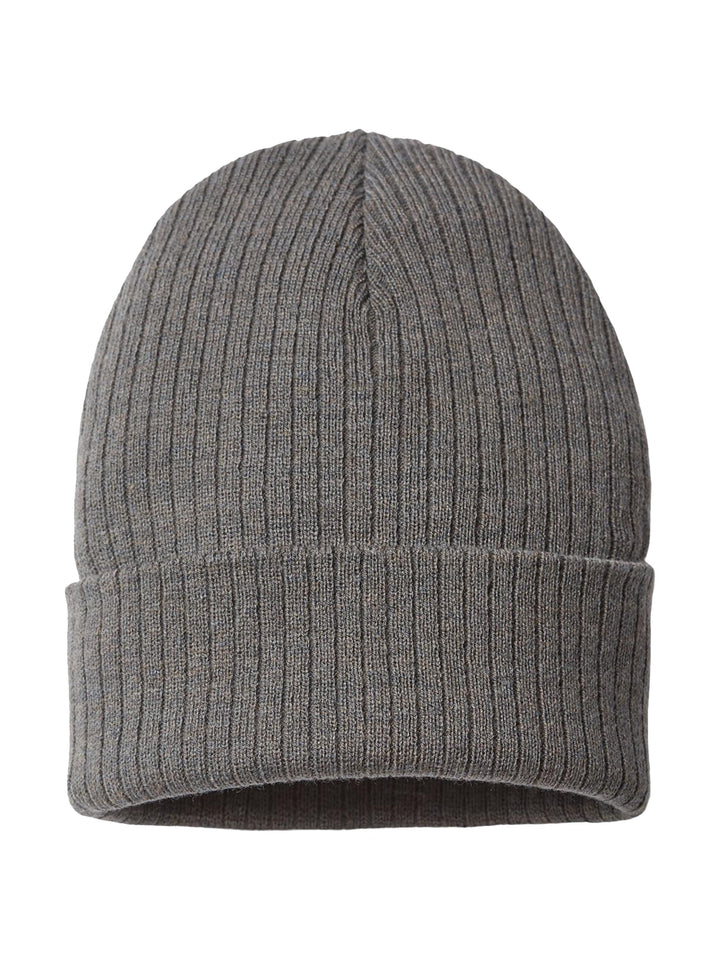 Heather gray Atlantis Headwear Sustainable Rib Cuffed Beanie with ribbed knit design. Made from sustainable materials, perfect for customization.