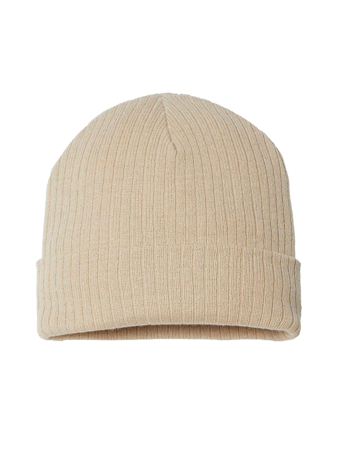 Beige Atlantis Headwear Sustainable Rib Cuffed Beanie featuring a ribbed knit texture. Eco-friendly and great for custom embroidery.