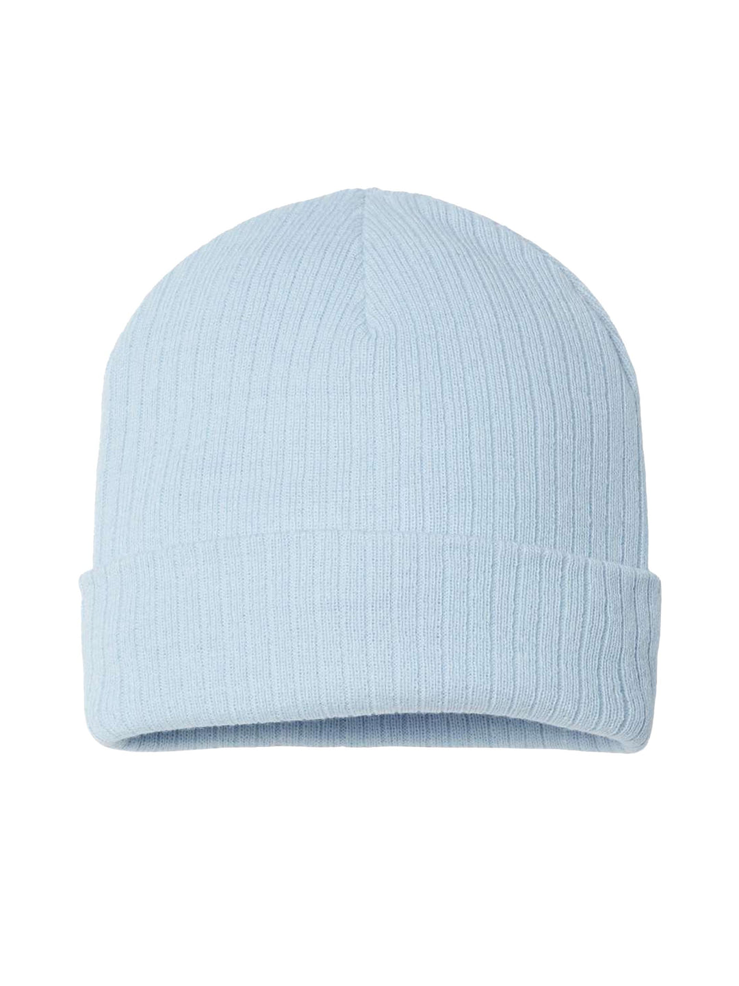 Light blue Atlantis Headwear Sustainable Rib Cuffed Beanie with ribbed knit texture. Eco-friendly and perfect for custom embroidery.