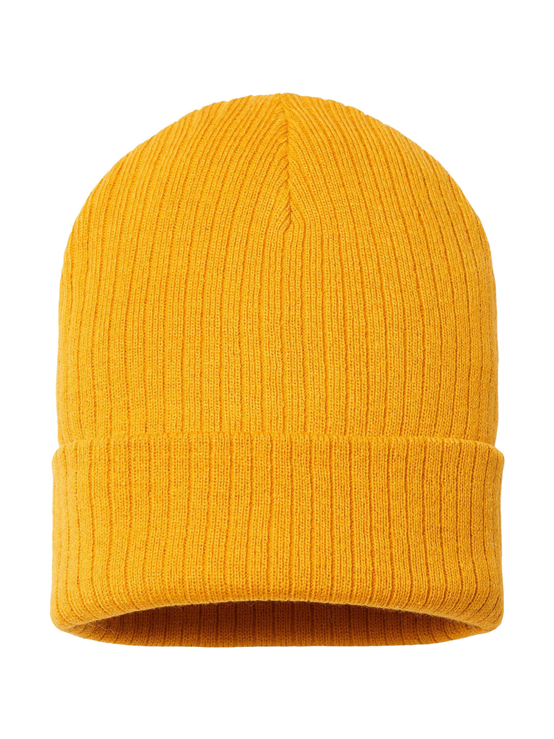 Mustard yellow Atlantis Headwear Sustainable Rib Cuffed Beanie with ribbed knit texture. Eco-friendly and perfect for custom embroidery.