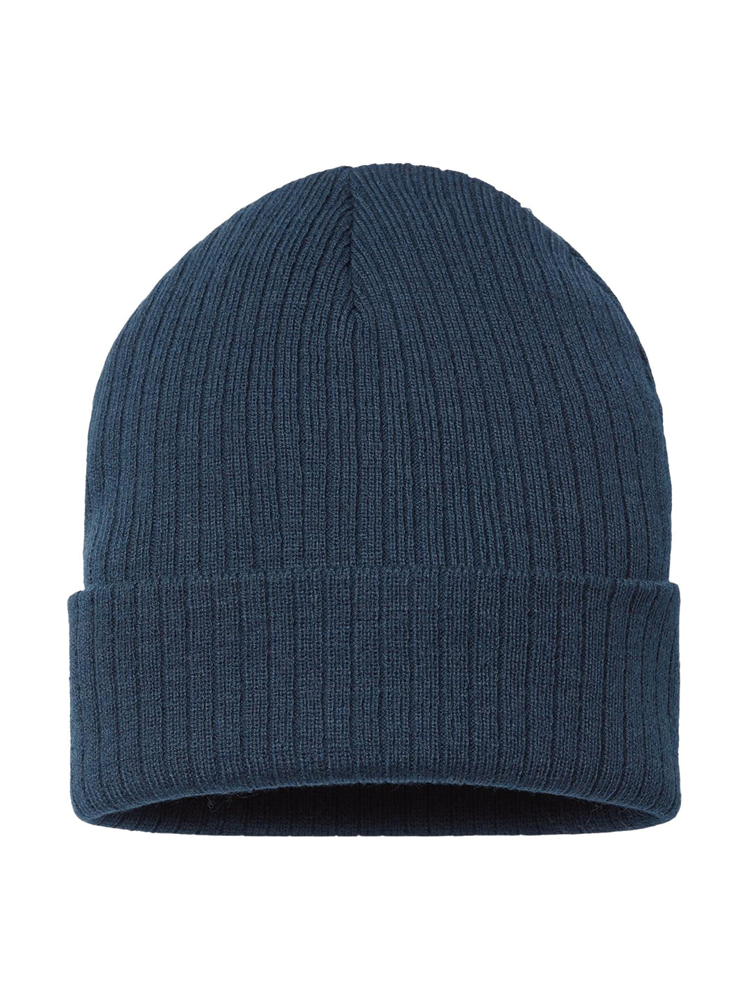 Navy blue Atlantis Headwear Sustainable Rib Cuffed Beanie featuring a ribbed knit design. Made from sustainable materials, great for customization.