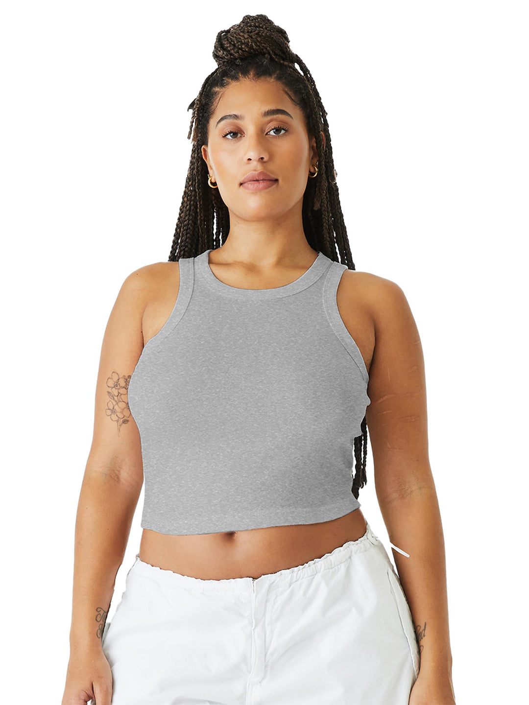 Custom BELLA+CANVAS Women’s Micro Rib Racer Tank in heather gray, ideal for custom branding or casual wear in women's tank top styles.