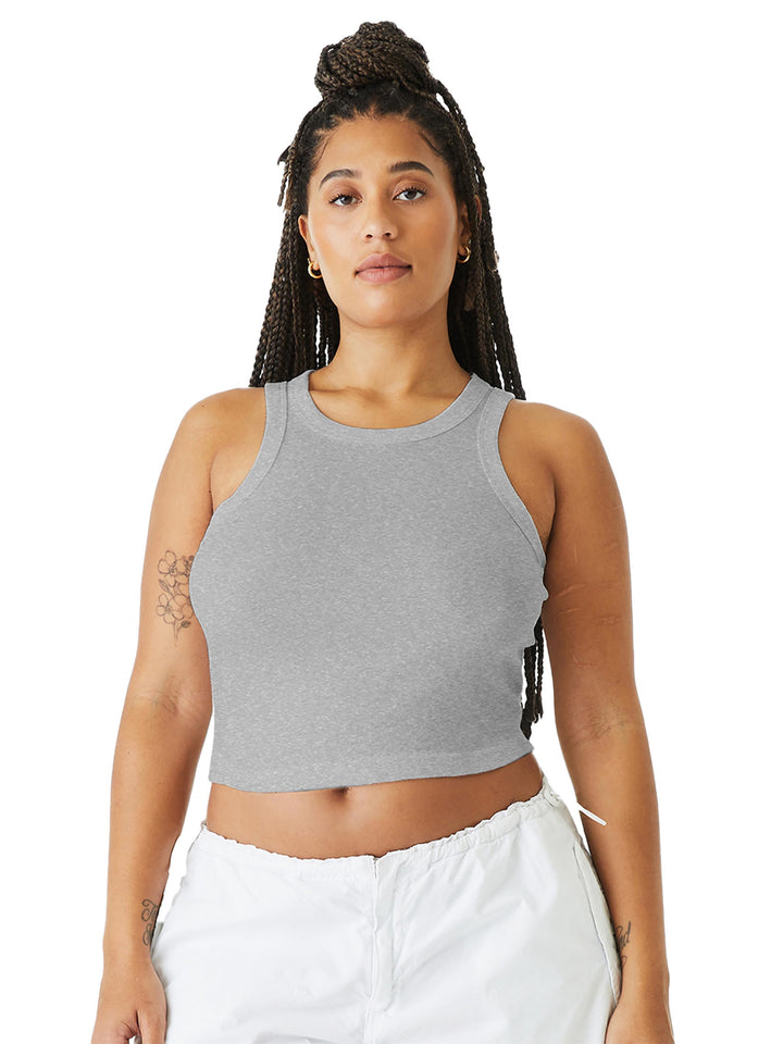 Custom BELLA+CANVAS Women’s Micro Rib Racer Tank in heather gray, ideal for custom branding or casual wear in women's tank top styles.