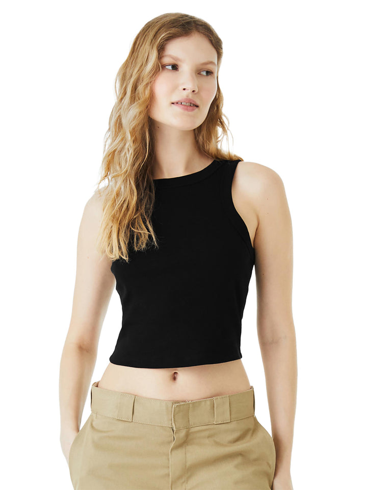 Custom BELLA+CANVAS Women’s Micro Rib Racer Tank in solid black, featuring a fitted silhouette perfect for custom designs or branding.
