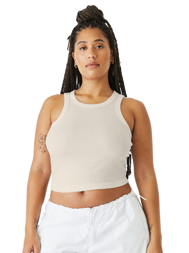 Custom BELLA+CANVAS Women’s Micro Rib Racer Tank in cream, soft ribbed fabric ideal for printing or embroidery in women's fashion.