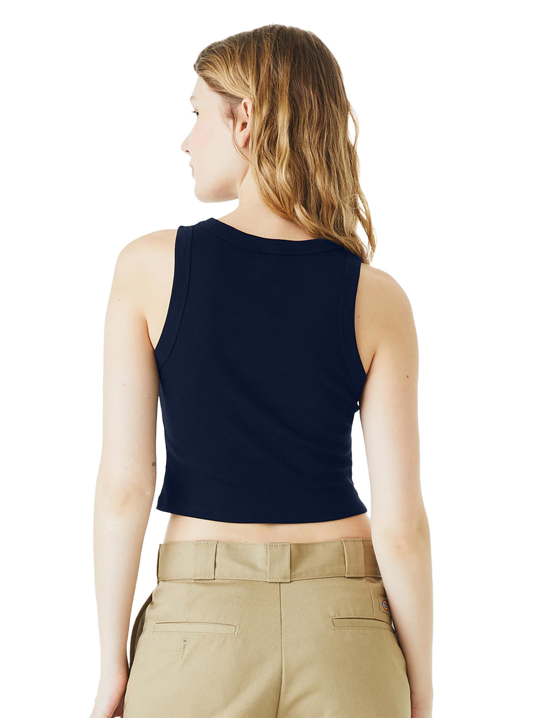 Back view of Custom BELLA+CANVAS Women’s Micro Rib Racer Tank in black, showcasing racerback cut and cropped fit for custom apparel.