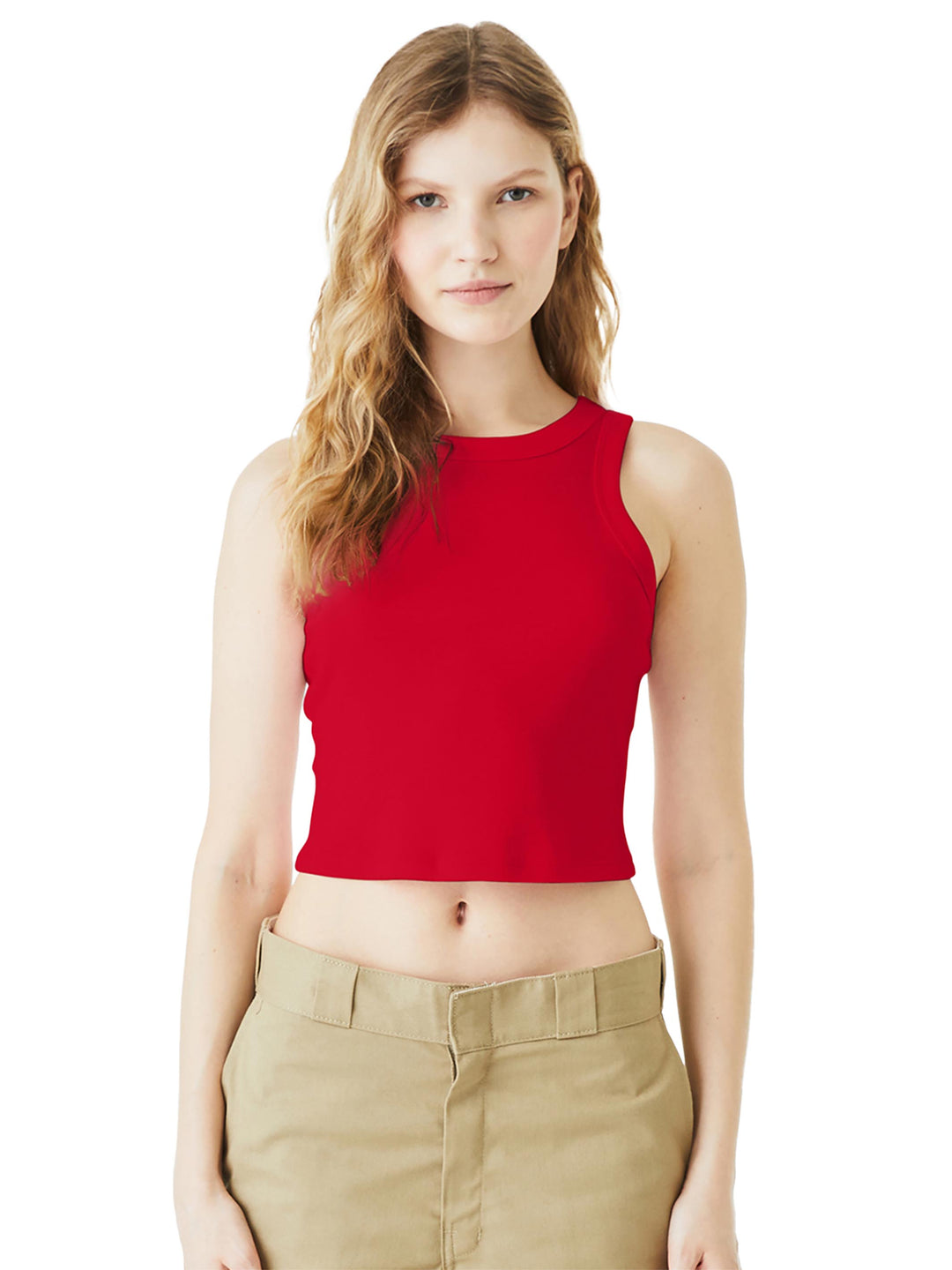 Custom BELLA+CANVAS Women’s Micro Rib Racer Tank in red, designed for custom printing with a flattering racerback and ribbed texture.
