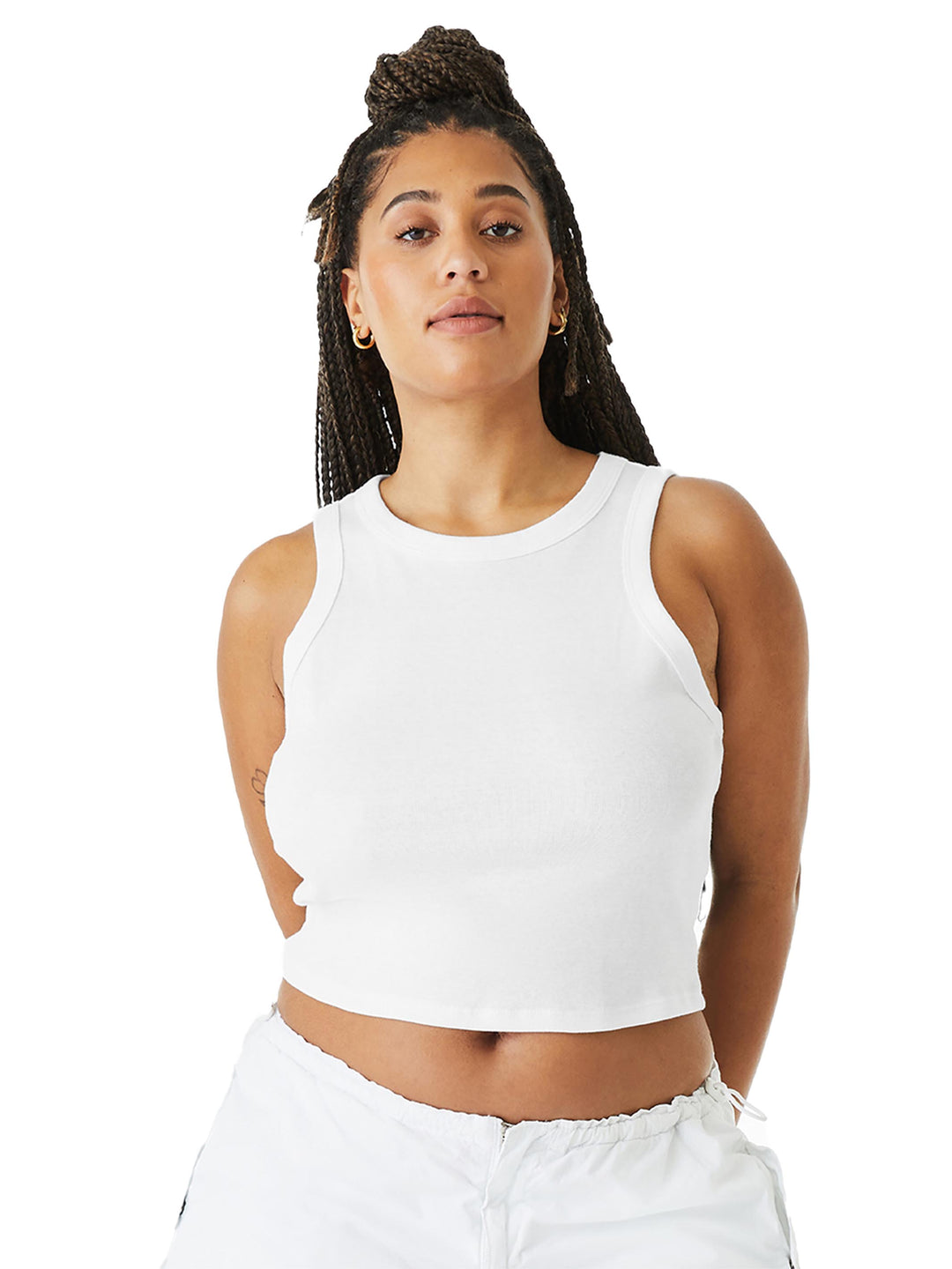 Custom BELLA+CANVAS Women’s Micro Rib Racer Tank in white, perfect for custom embroidery or printing with a soft, stretchy fit.