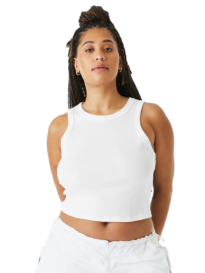 Custom BELLA+CANVAS Women’s Micro Rib Racer Tank in white, perfect for custom embroidery or printing with a soft, stretchy fit.