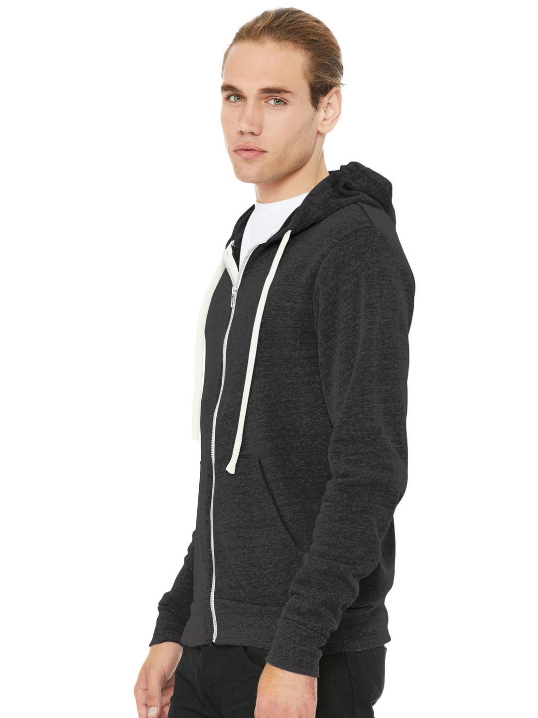 Side view of Bella + Canvas Zip Up Hoodie in black. Features a slim fit, white drawstrings, and a soft fleece interior. Ideal for customization.