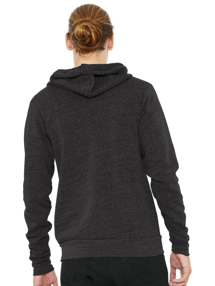 Back view of Bella + Canvas Zip Up Hoodie in black. Hooded design with ribbed cuffs and hem, great for custom embroidery or printing.