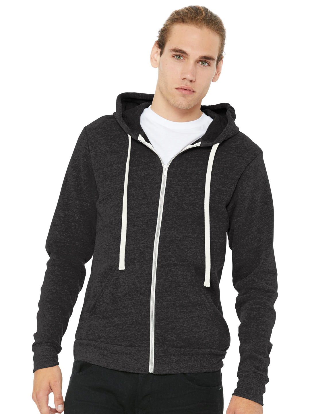 Custom Bella + Canvas Zip Up Hoodie in black with white drawstrings. Soft tri-blend fleece, perfect for embroidery or printing. Design yours online.