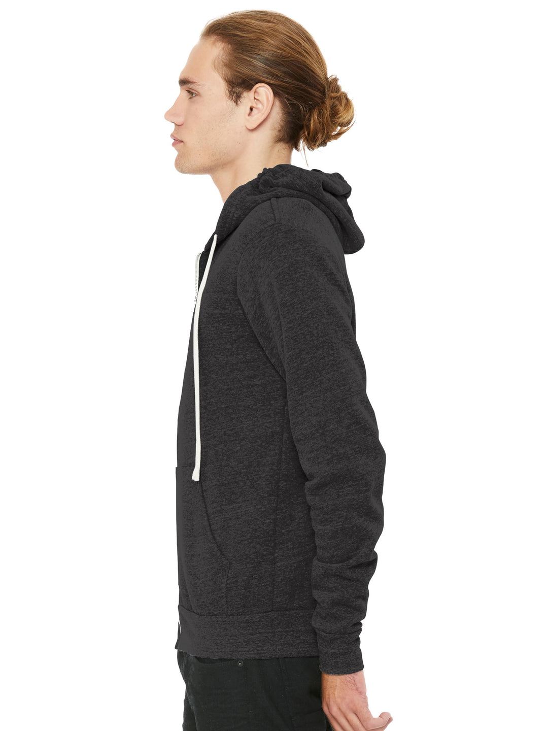 Left side profile of Bella + Canvas Zip Up Hoodie in black. Lightweight and stylish, perfect for personalized designs or logos.