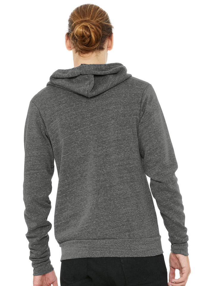 Back view of Bella + Canvas Zip Up Hoodie in dark gray. Hooded with ribbed cuffs and hem, perfect for custom branding or personalization.