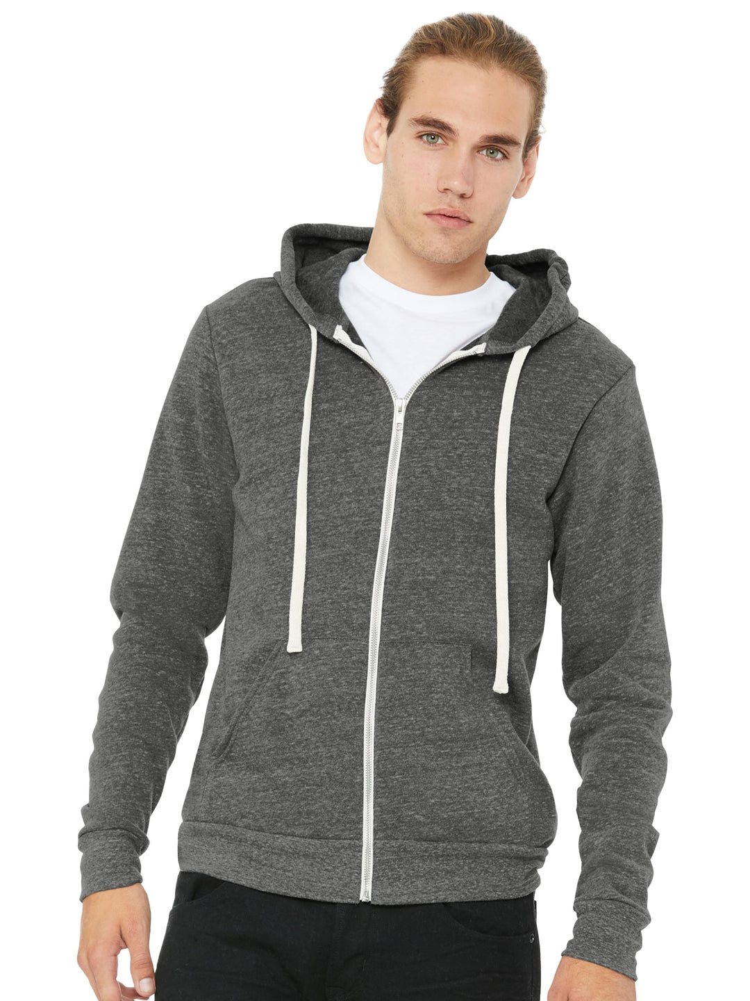 Custom Bella + Canvas Zip Up Hoodie in dark gray. Soft tri-blend fleece with white drawstrings, ideal for embroidery or screen printing.