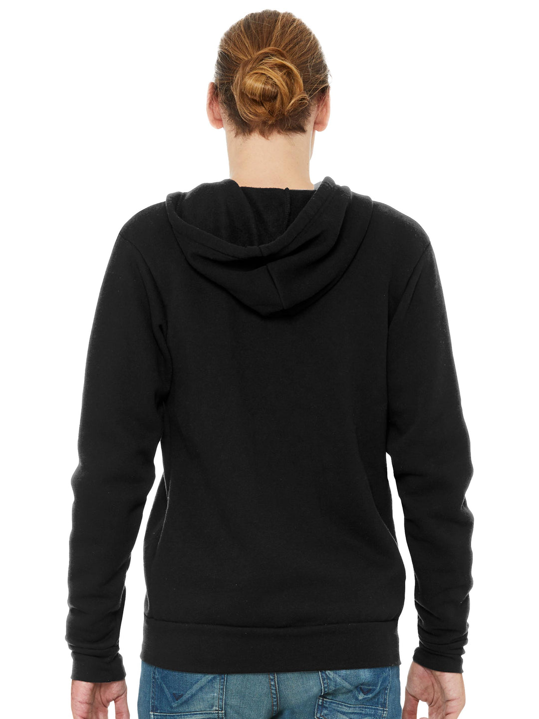 Back view of Bella + Canvas Zip Up Hoodie in black. Classic zip-up style with a hood, designed for comfort and customization.