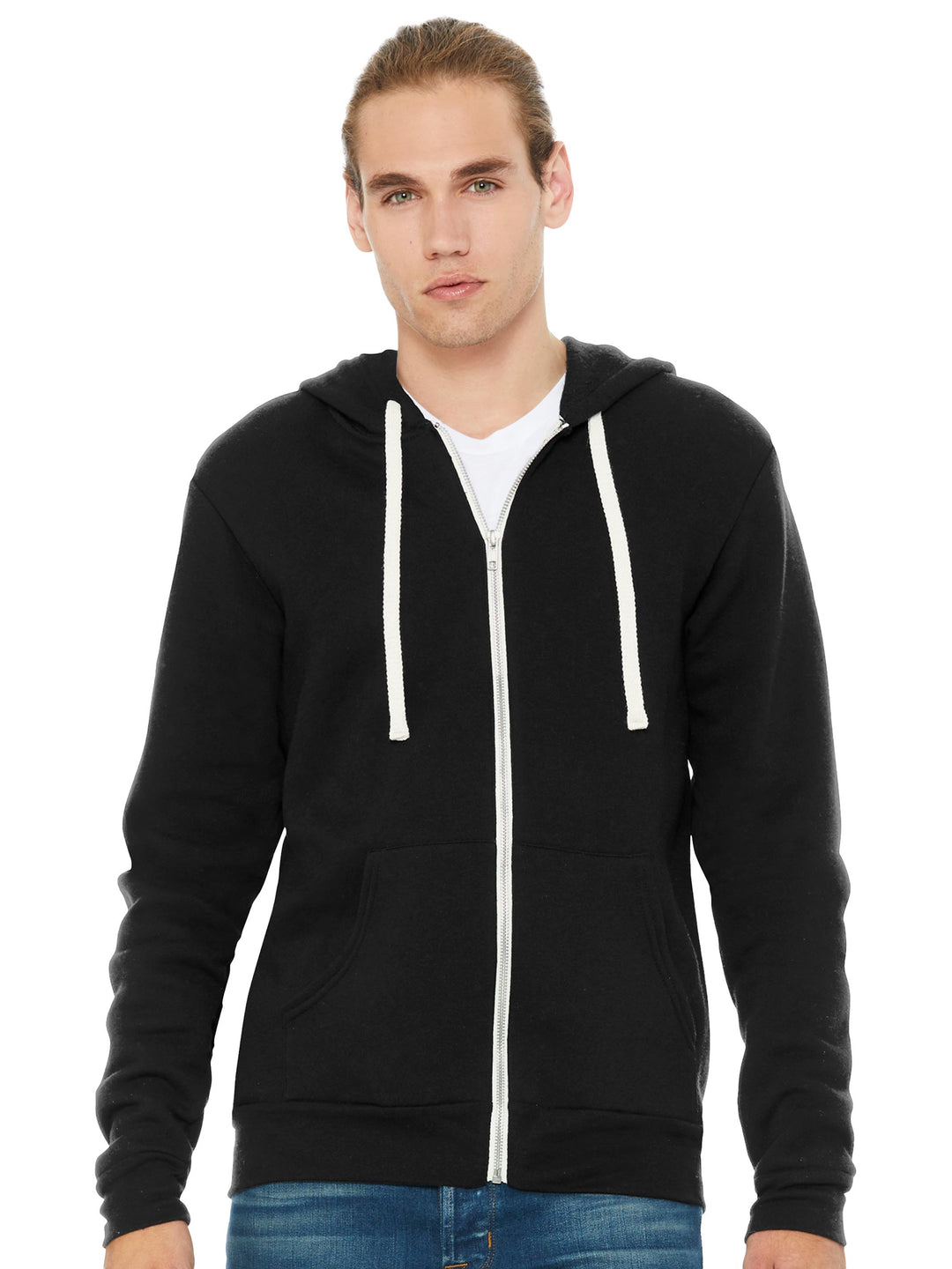 Bella + Canvas Zip Up Hoodie in solid black with white drawstrings. Midweight fleece fabric, great for custom embroidery or printing.