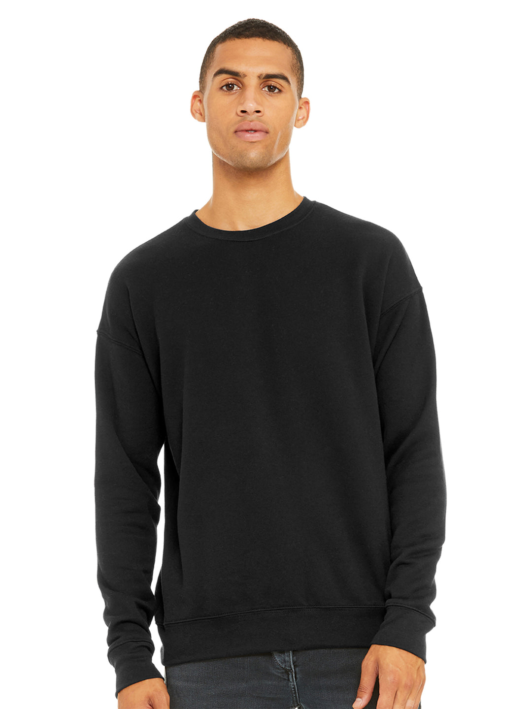 Black Bella and Canvas Sponge Fleece Drop Shoulder Crewneck, featuring a classic design with a relaxed fit for everyday wear.