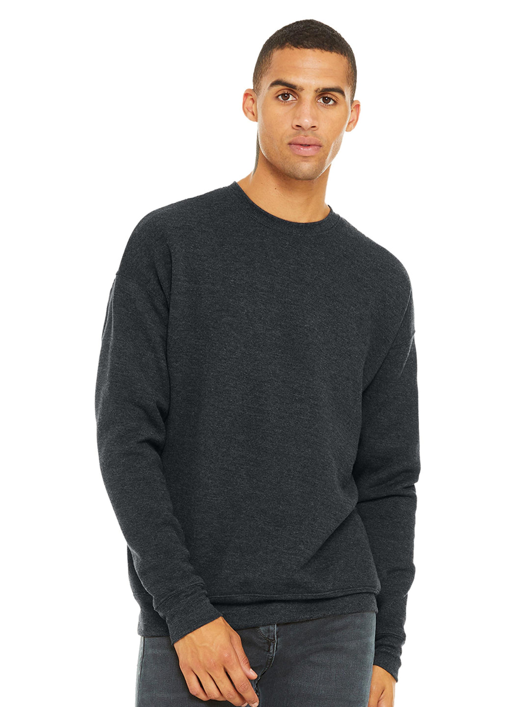 Custom Bella and Canvas Sponge Fleece Drop Shoulder Crewneck in charcoal, offering a modern fit with premium fleece material for warmth.