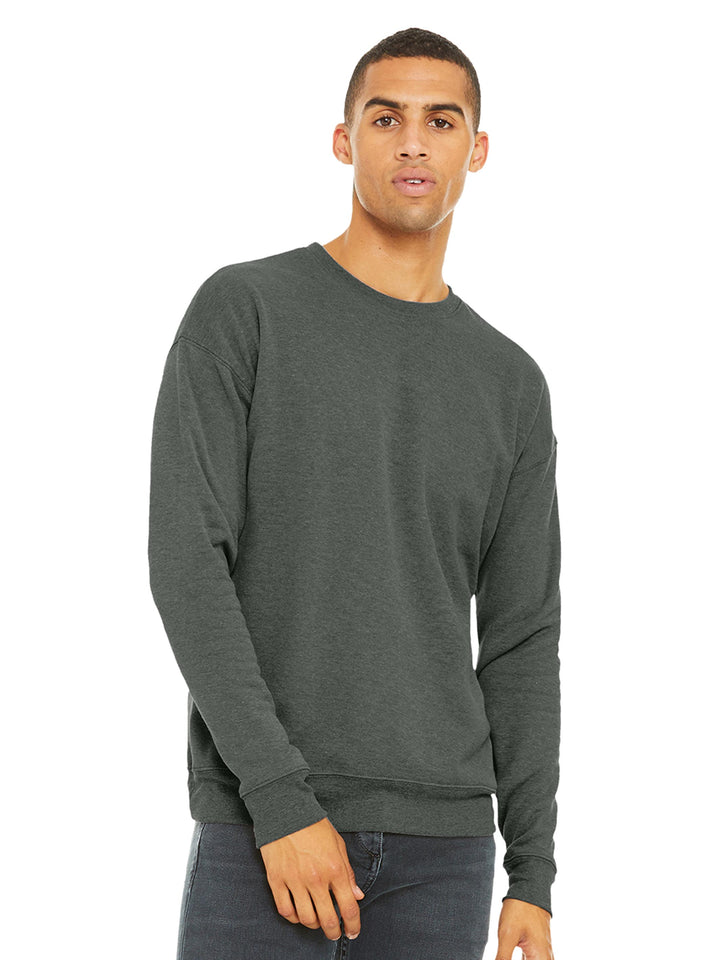 Heathered forest green Bella and Canvas Sponge Fleece Drop Shoulder Crewneck, designed for a relaxed and stylish everyday look.