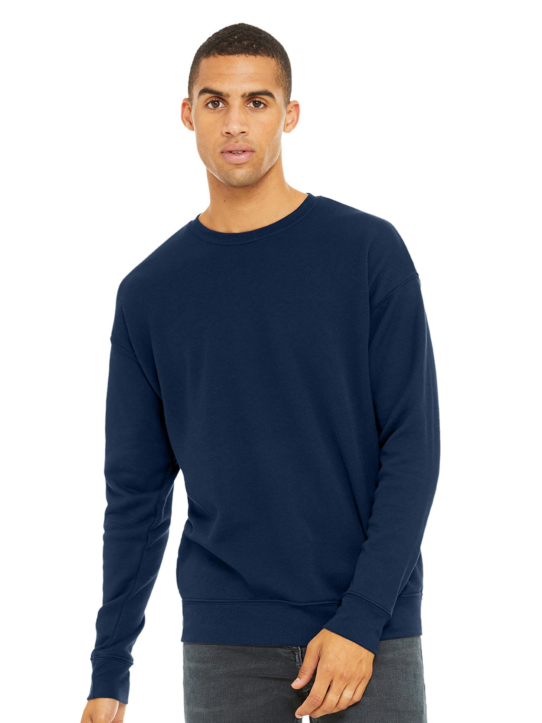 Navy blue Bella and Canvas Sponge Fleece Drop Shoulder Crewneck, perfect for layering with its soft and durable fleece fabric.