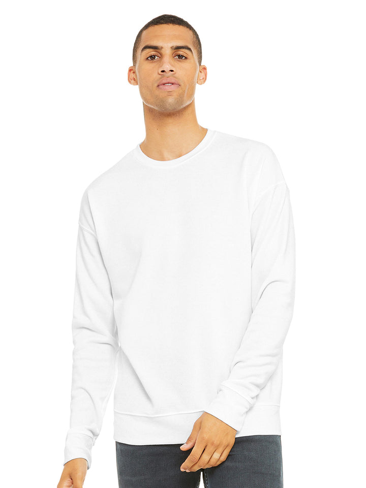 White Bella and Canvas Sponge Fleece Drop Shoulder Crewneck, a versatile and comfortable sweatshirt ideal for customization.