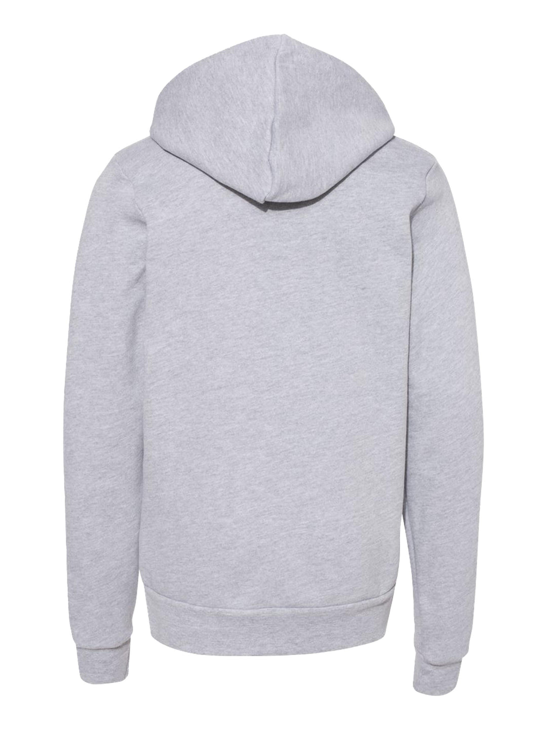 Back view of the heather gray Bella + Canvas Youth Sponge Fleece Hoodie, featuring a cozy hood and soft fleece material. Ideal for customization.