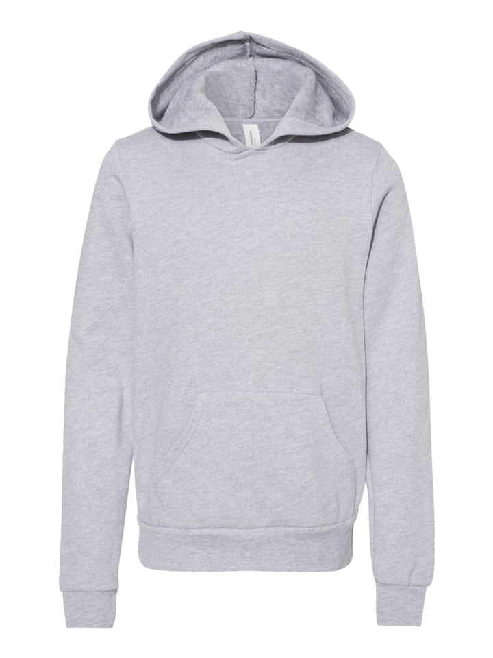 Heather gray Bella + Canvas Youth Sponge Fleece Hoodie with a classic pullover design and kangaroo pocket. Perfect for custom printing and casual comfort.