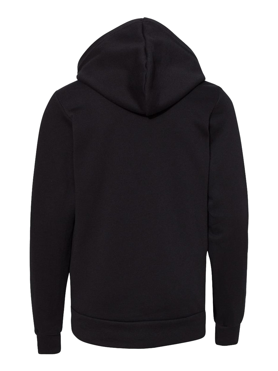 Back view of the black Bella + Canvas Youth Sponge Fleece Hoodie, highlighting the hood and fleece fabric. Perfect for custom designs and casual outfits.