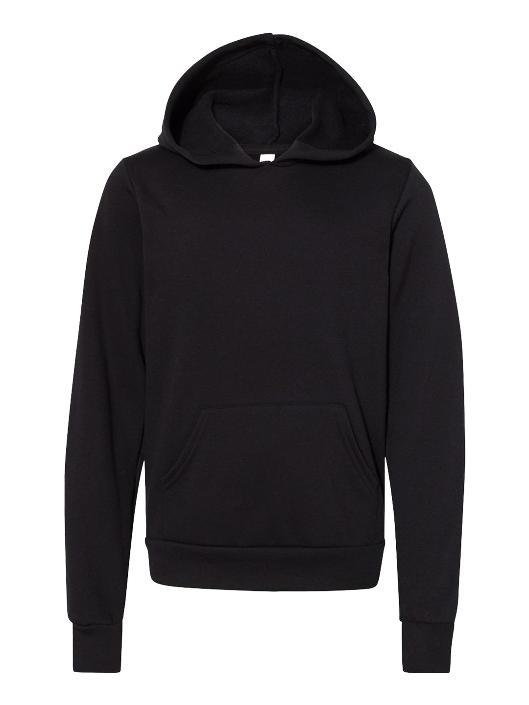 Black Bella + Canvas Youth Sponge Fleece Hoodie with a pullover design and kangaroo pocket. Ideal for custom printing and everyday comfort.