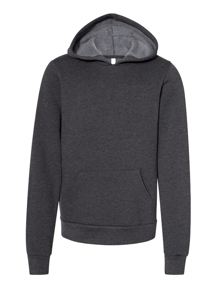 Dark gray Bella + Canvas Youth Sponge Fleece Hoodie with a soft fleece interior and front pocket. Great for kids' casual wear and customization.