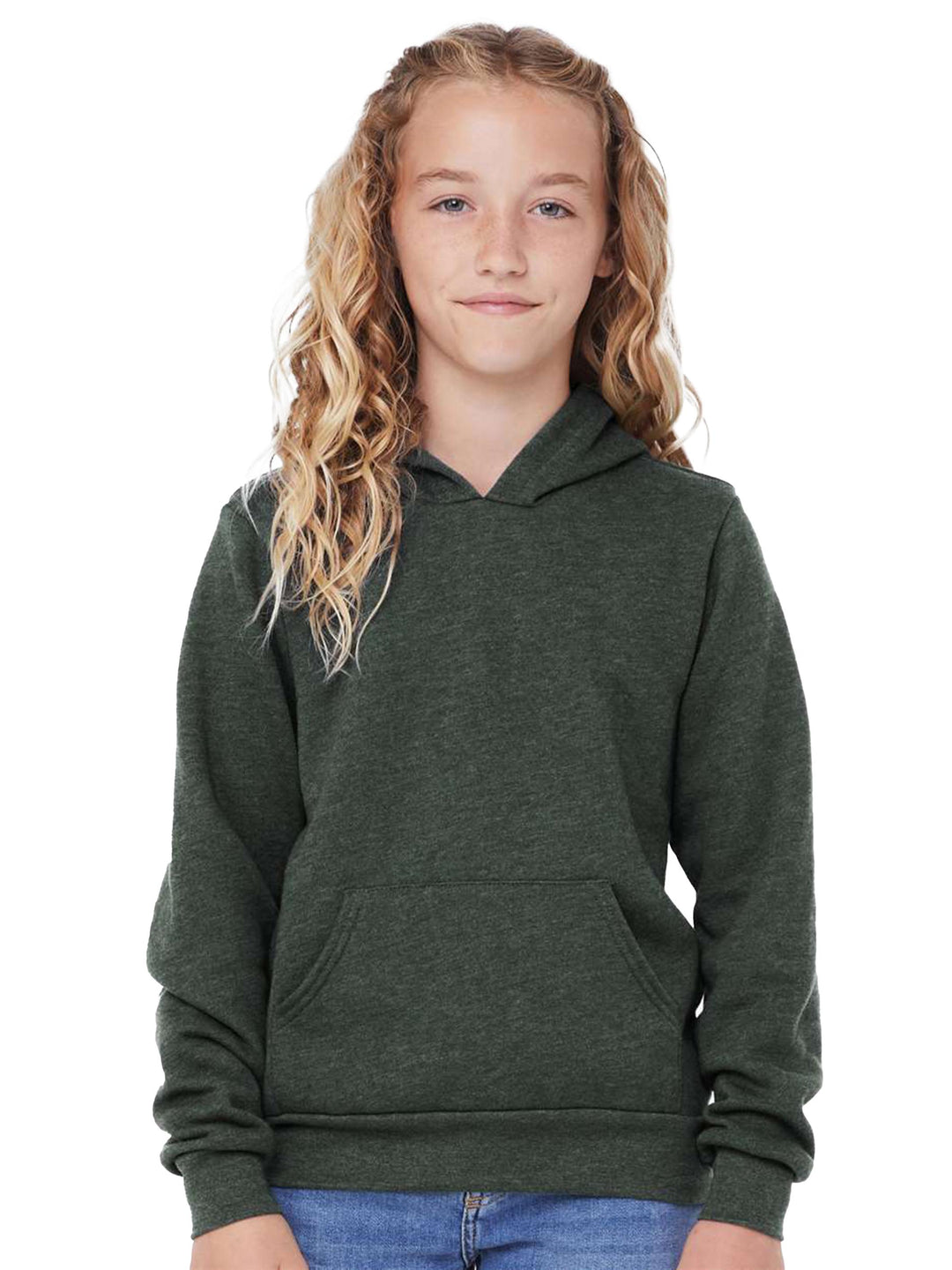 Custom Bella + Canvas Youth Sponge Fleece Hoodie in dark green, featuring a cozy fit and kangaroo pocket. Perfect for kids' fashion and personalization.