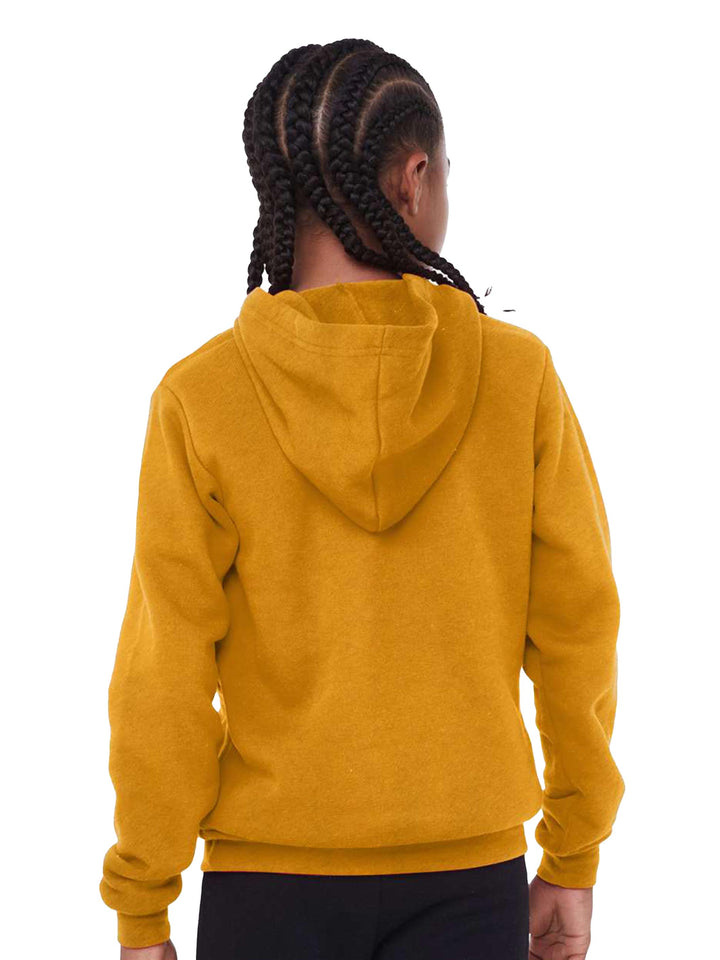Back view of the mustard yellow Bella + Canvas Youth Sponge Fleece Hoodie, featuring a cozy hood and soft fabric. Ideal for customization and casual wear.
