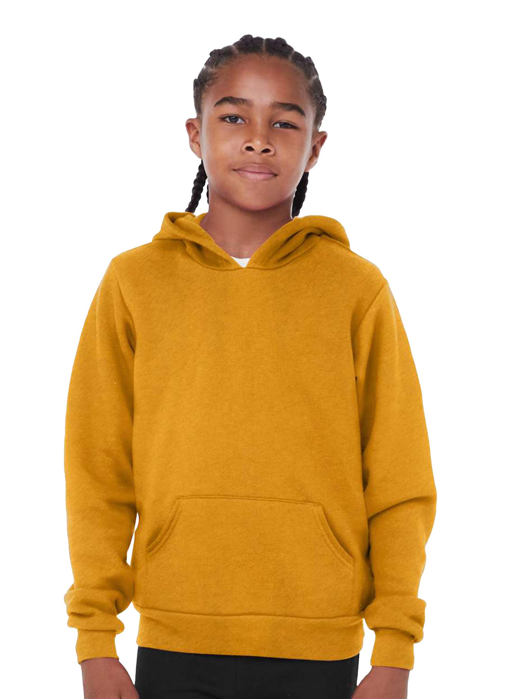 Custom Bella + Canvas Youth Sponge Fleece Hoodie in mustard yellow, designed with a soft fleece interior and front pocket. Great for kids' everyday wear.