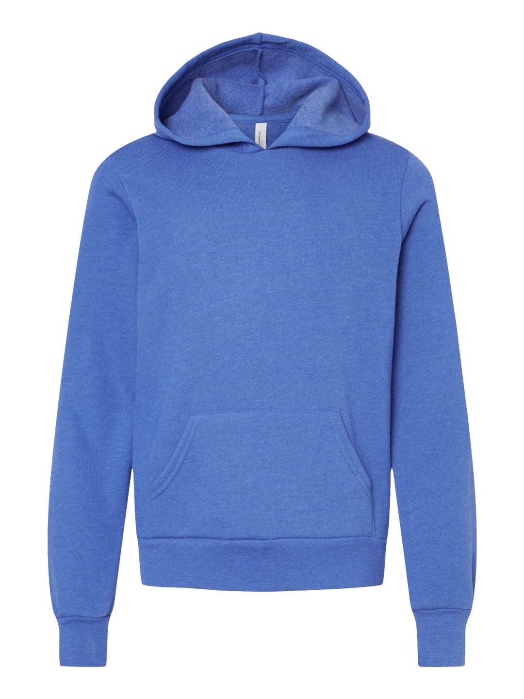 Royal blue Bella + Canvas Youth Sponge Fleece Hoodie with a pullover design and kangaroo pocket. Perfect for custom printing and casual comfort.