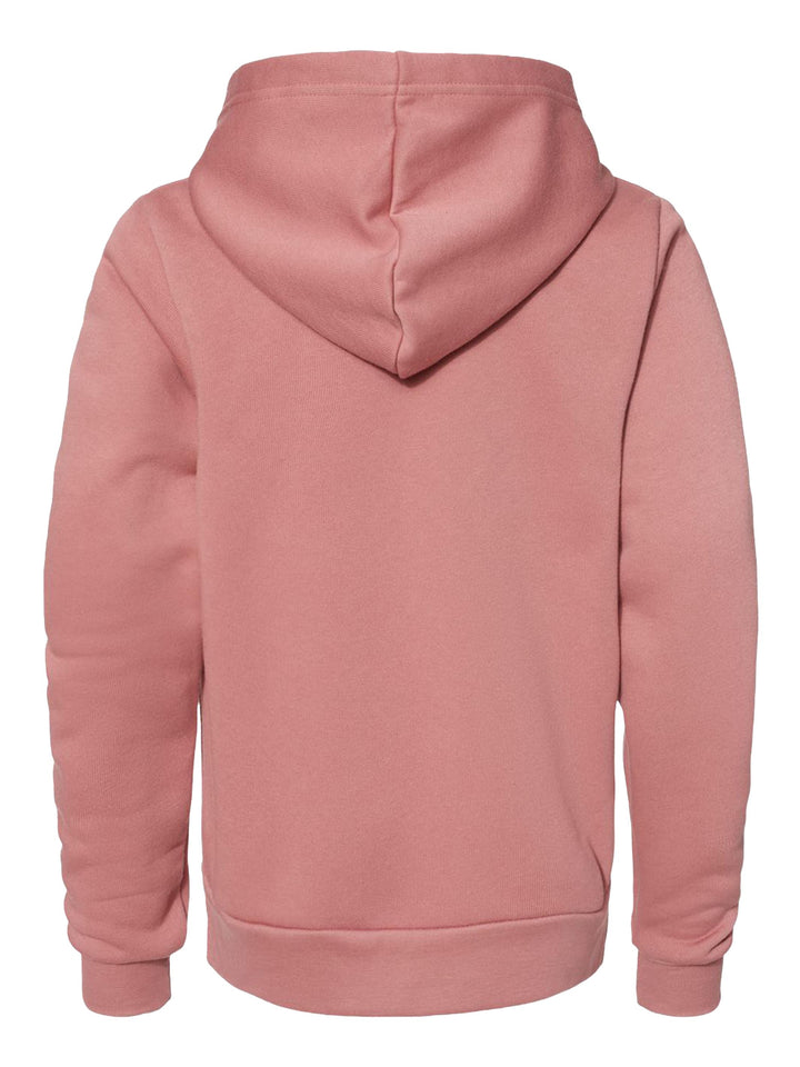 Back view of the mauve pink Bella + Canvas Youth Sponge Fleece Hoodie, showcasing the hood and fleece fabric. Perfect for custom designs and casual outfits.