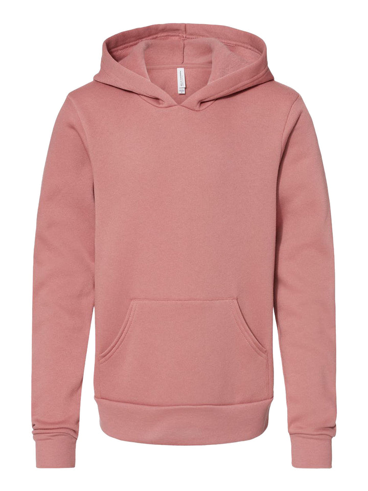 Mauve pink Bella + Canvas Youth Sponge Fleece Hoodie with a soft fleece interior and front pocket. Great for kids' casual wear and personalization.