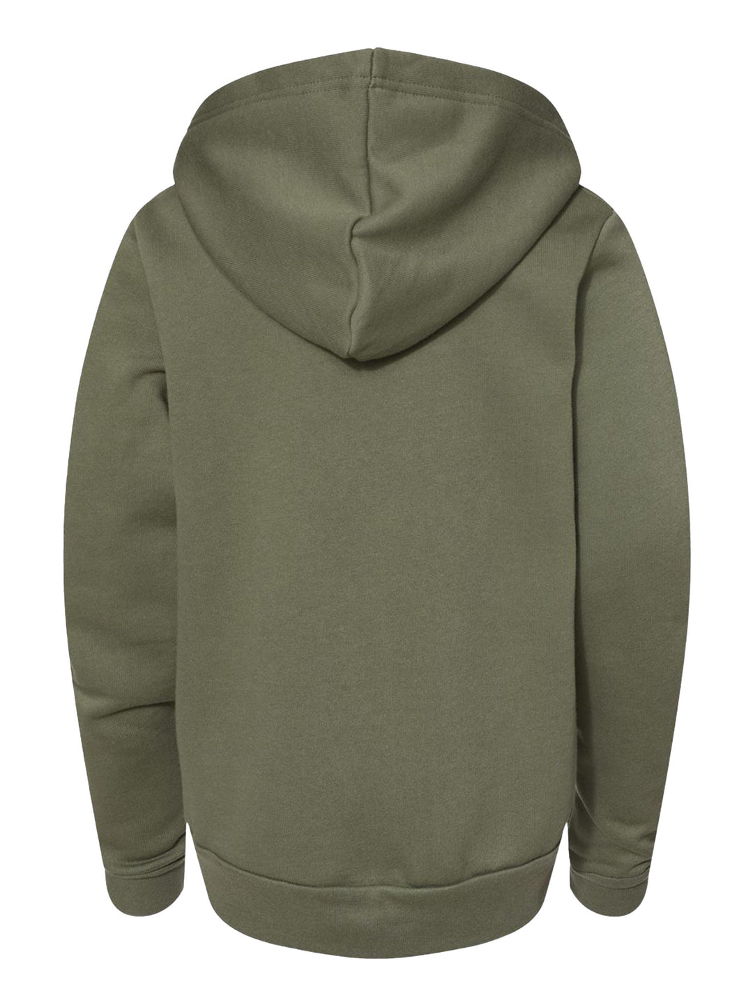 Back view of the olive green Bella + Canvas Youth Sponge Fleece Hoodie, featuring a cozy hood and soft fleece fabric. Great for customization and casual wear.