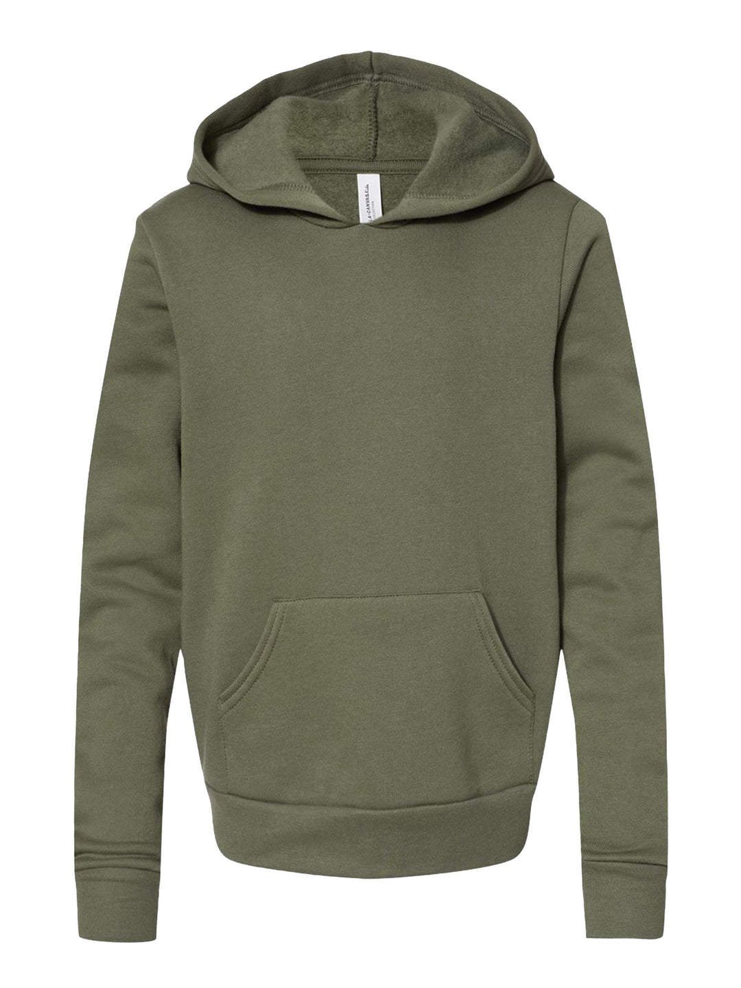 Olive green Bella + Canvas Youth Sponge Fleece Hoodie with a pullover design and kangaroo pocket. Ideal for custom printing and everyday comfort.