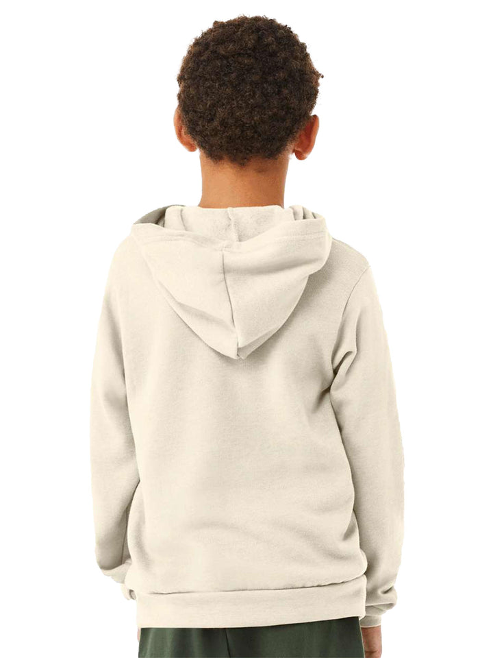 Back view of the Bella + Canvas Youth Sponge Fleece Hoodie in off-white, showcasing the hood and soft fleece fabric. Great for custom printing and casual wear.