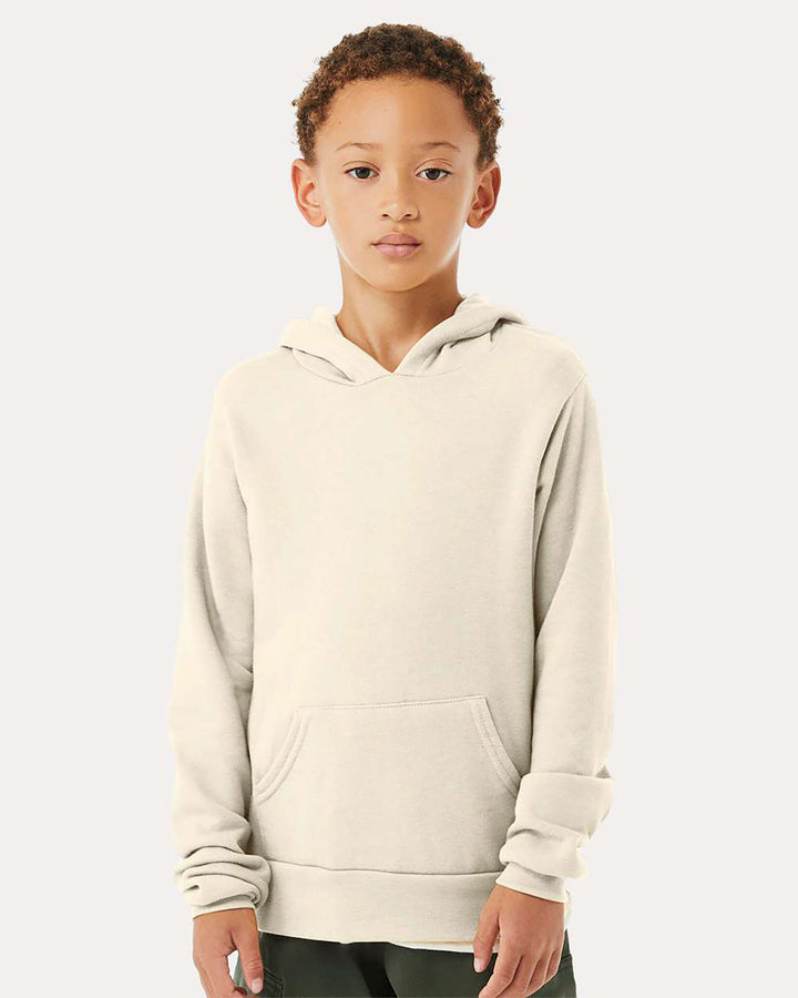 Youth in Bella and Canvas fleece hoodie, facing forward.