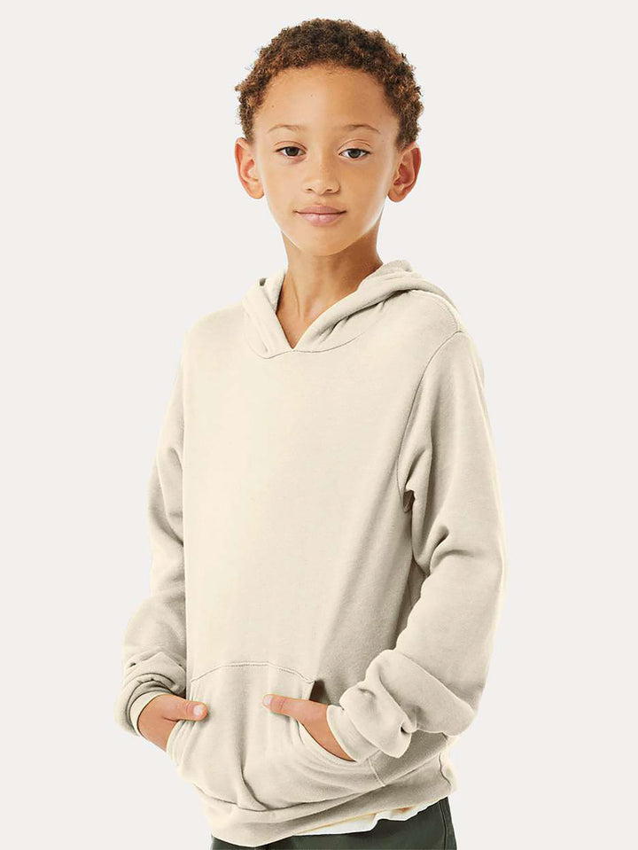 Youth wearing Bella and Canvas sponge fleece hoodie, front view.