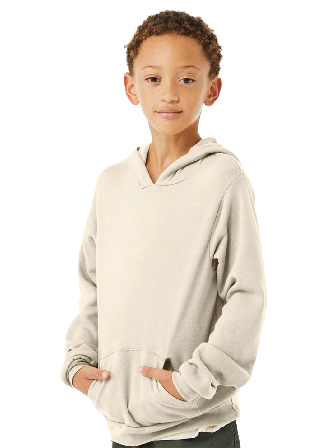 Youth wearing a Custom Bella + Canvas Sponge Fleece Hoodie in off-white with a relaxed fit and front pocket. Ideal for personalized designs and everyday comfort.