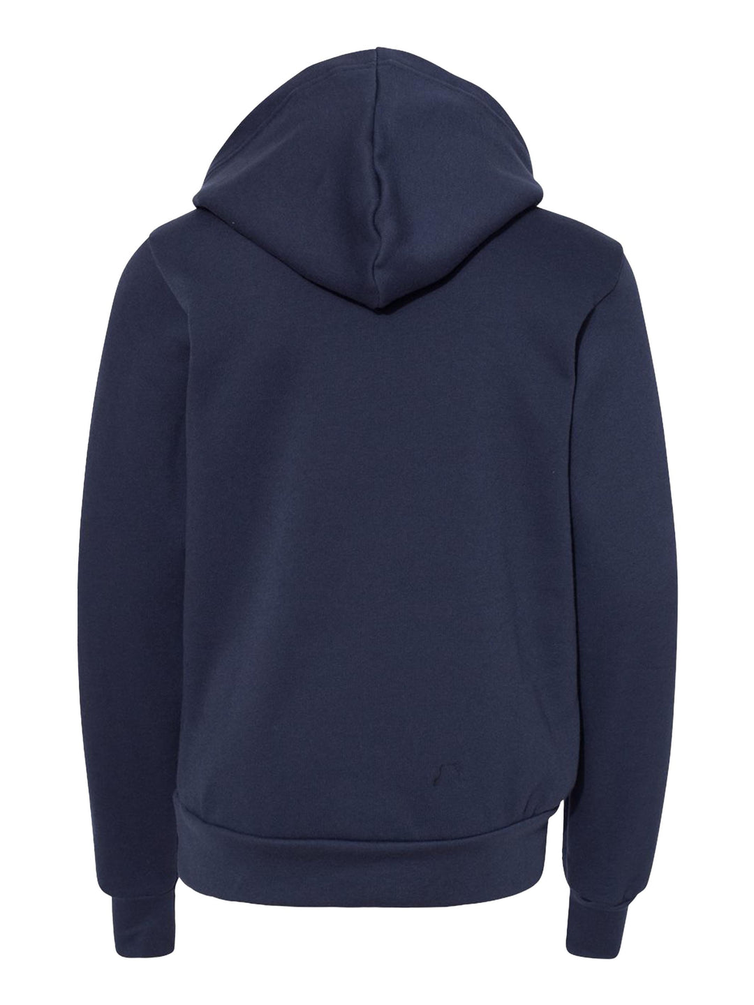 Back view of the navy blue Bella + Canvas Youth Sponge Fleece Hoodie, showcasing the hood and fleece fabric. Ideal for custom printing and casual outfits.