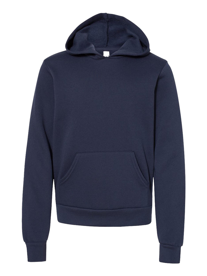 Navy blue Bella + Canvas Youth Sponge Fleece Hoodie with a soft fleece interior and front pocket. Perfect for kids' fashion and personalized designs.