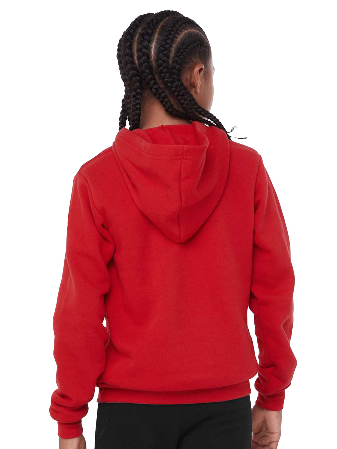 Back view of the red Bella + Canvas Youth Sponge Fleece Hoodie, showcasing the hood and fleece fabric. Perfect for custom printing and casual outfits.